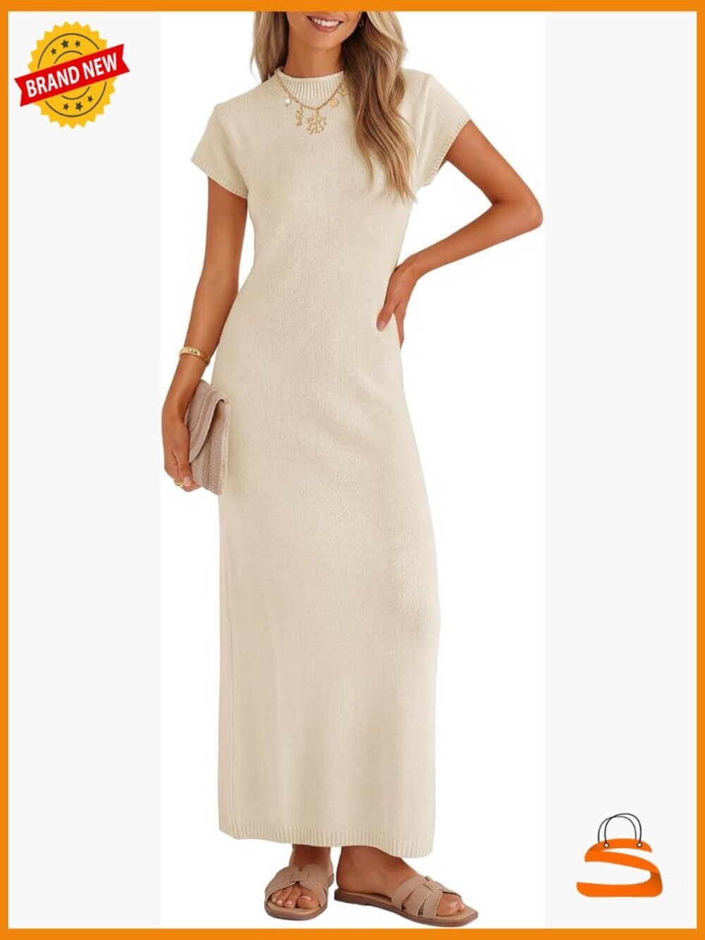 Slim Fit Bodycon Maxi Dress Short Sleeve Crewneck Knit Sweater Dress Business